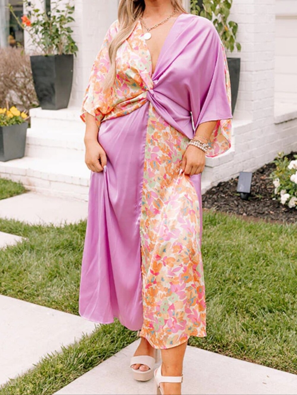 Lilac & Floral Twist-Front Midi Dress